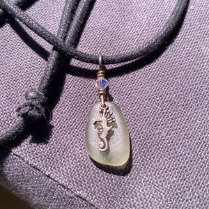 Vintage Sea Glass And Seahorse Pendant Charm Cotton Cord Necklace
